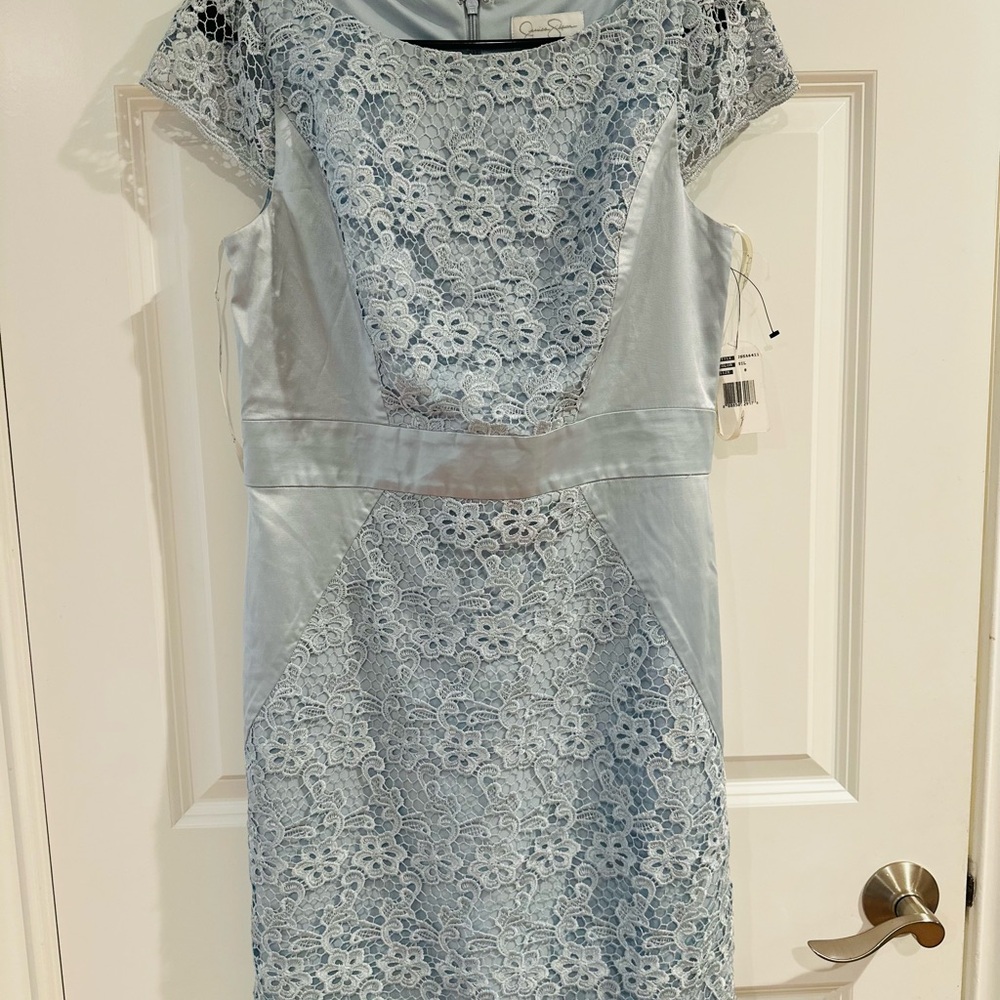 Jessica Simpson Blue Flutter Sleeve Lace Sheath Dress